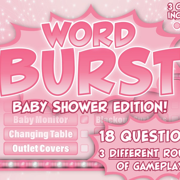 Baby Shower Word Burst Game – PowerPoint Game – Customizable with timer, scoreboard – Zoom, Skype – Baby Shower Party