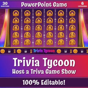 May include: A PowerPoint game template with a trivia theme. The design features a game board with dollar amounts and train graphics. The text includes "Trivia Tycoon" and "Host a Trivia Game Show". The template is 100% editable.