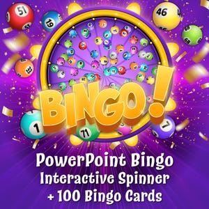 以下が含まれることがあります： ビンゴゲームの鮮やかなグラフィック。金色の縁取りのホイールと、大きなオレンジ色の文字で「BINGO！」の文字。画像には「PowerPoint Bingo Interactive Spinner + 100 Bingo Cards」のテキストが含まれています。
