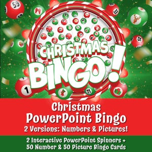May include: A festive graphic for Christmas Bingo, featuring a red and white striped bingo wheel with green and red bingo balls. The text "CHRISTMAS BINGO!" is prominently displayed, with additional text promoting "Christmas PowerPoint Bingo" with two versions.