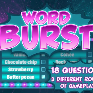 Word Burst Game – PowerPoint Game – Customizable with timer, scoreboard, music, sounds – Zoom, Skype – Game Show Party – Virtual Party