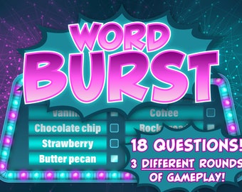 Word Burst-Spiel – PowerPoint-Spiel – anpassbar mit Timer, Anzeigetafel, Musik, Sounds – Zoom, Skype – Game-Show-Party – virtuelle Party