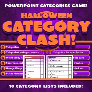 Confronto de categorias de Halloween | Jogo de categorias do PowerPoint | Cartões de resposta digitais e imprimíveis | Jogo de festa de Halloween para sala de aula, família e equipes