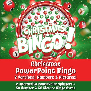 May include: A Christmas Bingo game graphic featuring a large red and white striped circular spinner filled with numbered and icon-adorned bingo balls. The text reads: Christmas Bingo!, Christmas PowerPoint Bingo, 2 Versions: Numbers & Pictures!