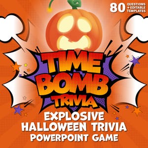Può includere: Una grafica digitale per un gioco a quiz di Halloween Time Bomb con una zucca arancione luminosa in alto. Il testo recita Time Bomb Trivia, Explosive Halloween Trivia PowerPoint Game e 80 Questions + Editable Templates.