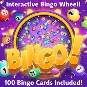Jogo de Bingo com Spinner de PowerPoint Interativo | 100 Cartões de Bingo Digitais ou Imprimíveis | Diversão para Famílias, Salas de Aula, Formação de Equipes, Zoom