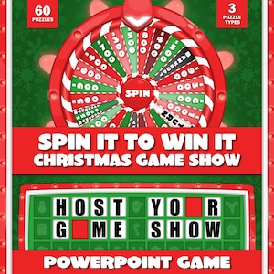 Op de afbeelding: Een PowerPoint-spel met kerstthema met een rood-wit gestreept prijzenwiel met dollarbedragen en het woord SPIN. De tekst luidt SPIN IT TO WIN IT CHRISTMAS GAME SHOW en HOST YOUR GAME SHOW met 60 puzzels en 3 verschillende speltypen.
