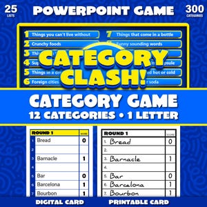 Puede incluir: Un juego Category Clash digital e imprimible, con un diseño azul y amarillo. El juego incluye 25 listas y 300 categorías. El título del juego se muestra en letras amarillas grandes. El juego incluye una tarjeta digital y una tarjeta imprimible.