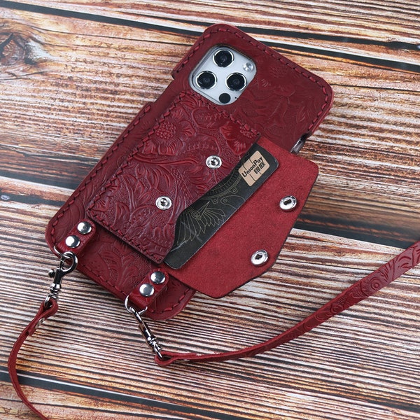 Women Leather iPhone 15 Plus/15 Pro Max/14 14 Pro Max/14 Plus 13 Pro Max/12 Pro max 15 case, Crossbody strap Embossed leather Case Cherry #