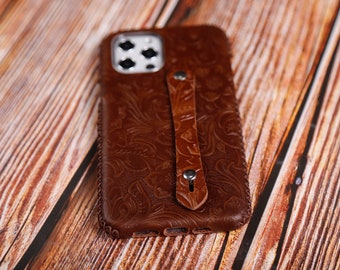 Handmade Full Leather Case iPhone 16 Pro Max 16 Pro 16 Plus 15 14 13 Samsung Personalized Embossed Leather Light Brown Phone Cover 14DHIF06