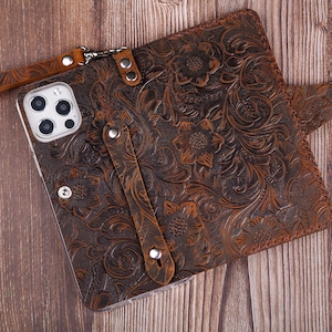 Cartera de piel con monograma para iPhone 16e, 15 Pro Max, 15 Plus, 14 Pro Max, cartera de piel con monograma para mujer y hombre, marrón amarillento