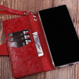 Wristlet Wireless Charging Samsung Galaxy S25 Edge S25+ S24 FE S23 FE leather case wallet Tooled Full Grain Leather Genuine Leather Cherry
