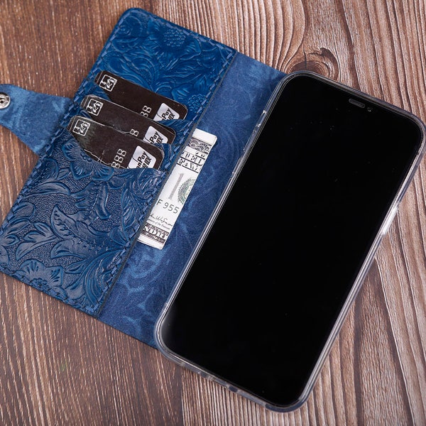 Flip leather iPhone 15 Pro Max 15 Plus 14 Pro Max 14 Plus 13 / 13 Pro Max/ 13mini / 12 Pro Max/11 wallet case Fold Book Style Handmade Blue