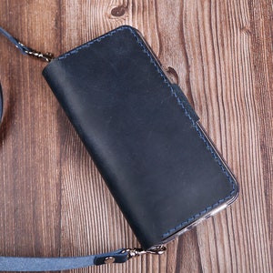 Bandoulière Google Pixel 9a/9 Pro/Pixel 9 Pro XL/9/8a/7a/7 pro/7/6a 6,6 PRO, 5a, Pixel 8 Étui portefeuille en cuir Monogramme personnalisé Bleu foncé