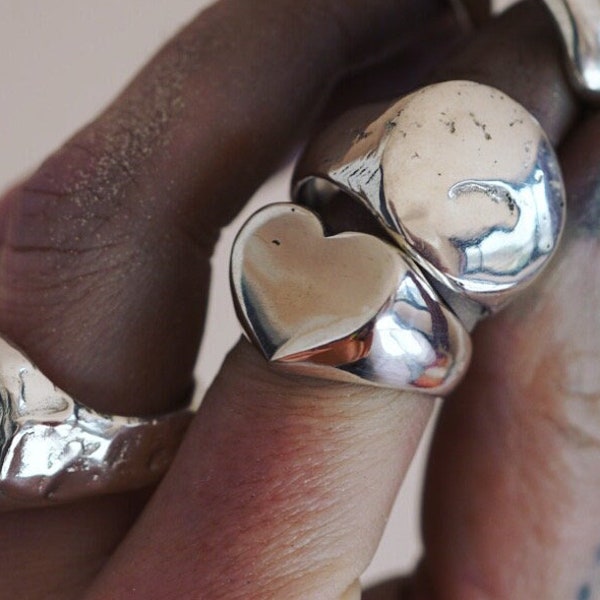 Chunky Heart Ring SOLID SILVER | Sandcast Silver Signet Ring | Recycled Silver Heart Ring | Solid Silver Ring | Made to Order