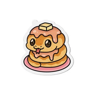 May include: A sticker depicting a stack of pancakes designed as a snake. The pancakes are golden brown with pink syrup and a pat of butter. The snake has brown eyes and a red tongue.