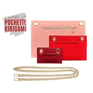 May include: A set of three felt pouches in pink, red, and burgundy with gold eyelets and a gold chain strap. The pouches are compatible with the "Pochette Kiriгами" brand.