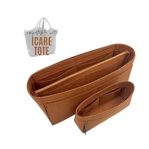 Puede incluir: Un organizador de bolso de fieltro marrón con múltiples compartimentos y cierre de cremallera. Es compatible con la bolsa ICARE TOTE.