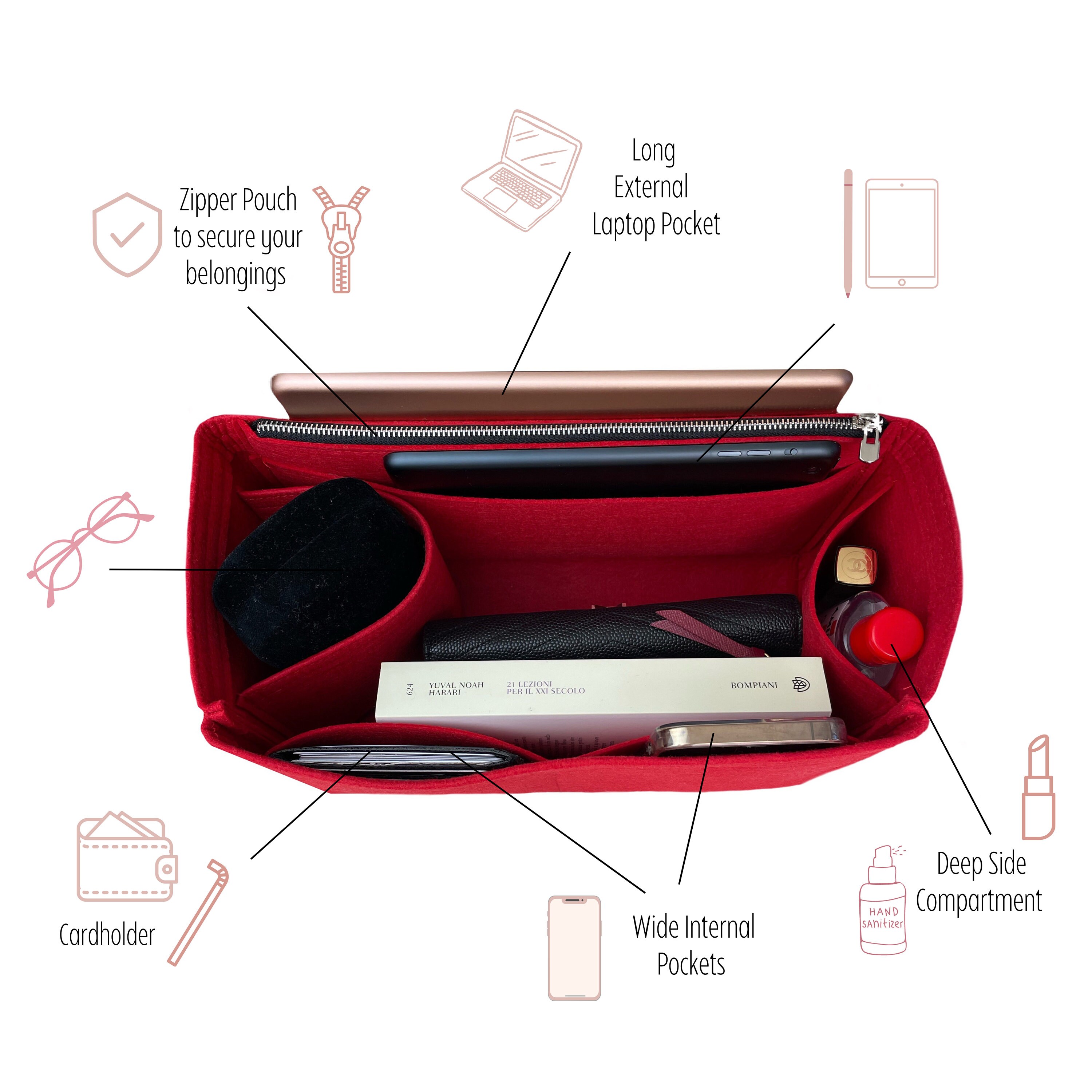 Mausouca Borsa organizer in feltro con scomparti multipli, borsa per il trucco da donna, borsa organizer per borsa adatta per secchiello Longchamp Anjou tote (giallo