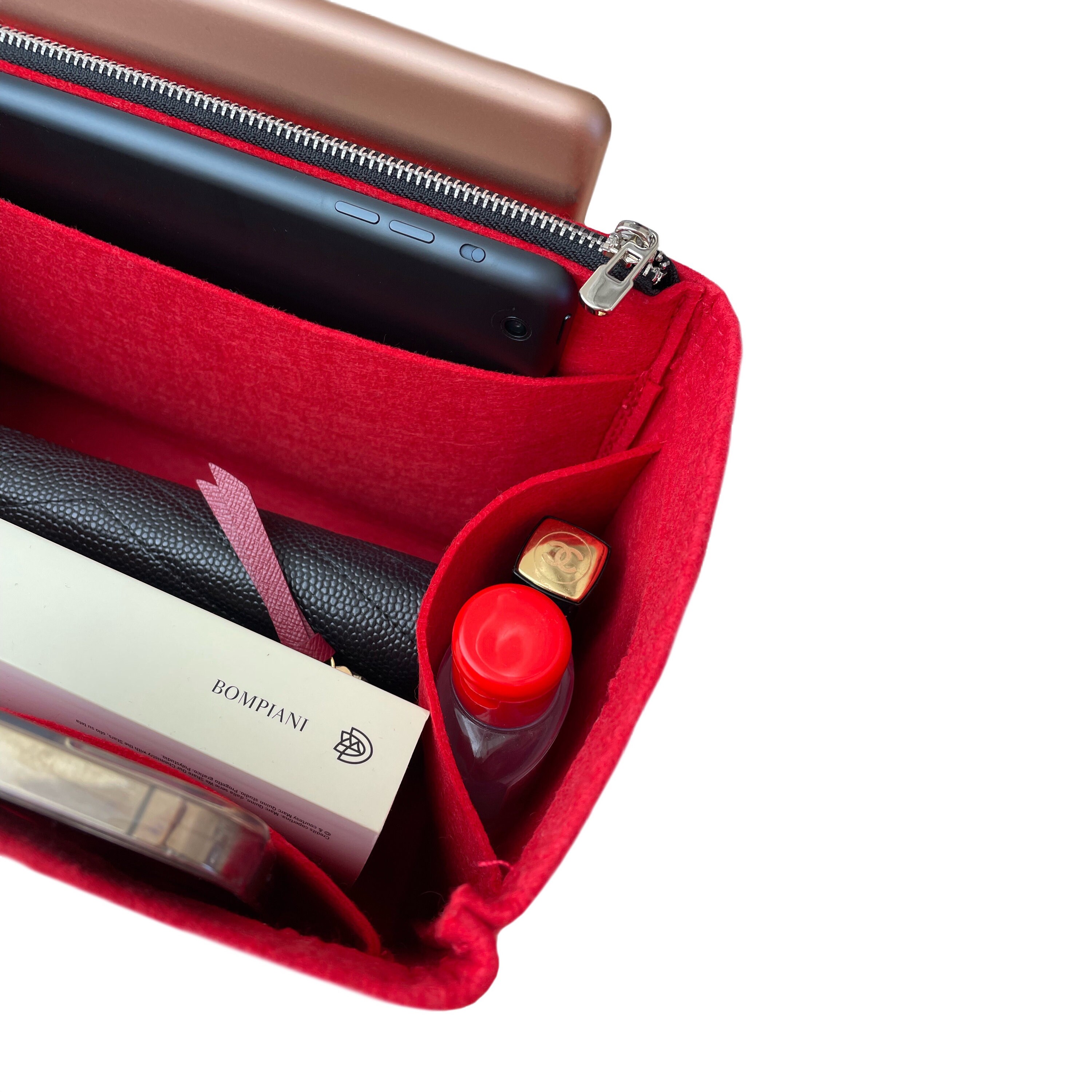 Sourcing Map Inserto Organizer In Feltro Per Borse – 24x10x15 Cm, Scomparti Multipli Con Cerniera, Fodera Rigida Per Borsa Tote, Rosso Rosa - 2