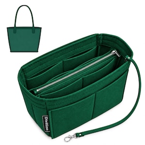 May include: A dark green felt handbag organizer insert featuring multiple interior compartments, a central zippered pocket, and a small black tag with the white text Divitize. A matching green strap with a silver metal lobster clasp is attached.