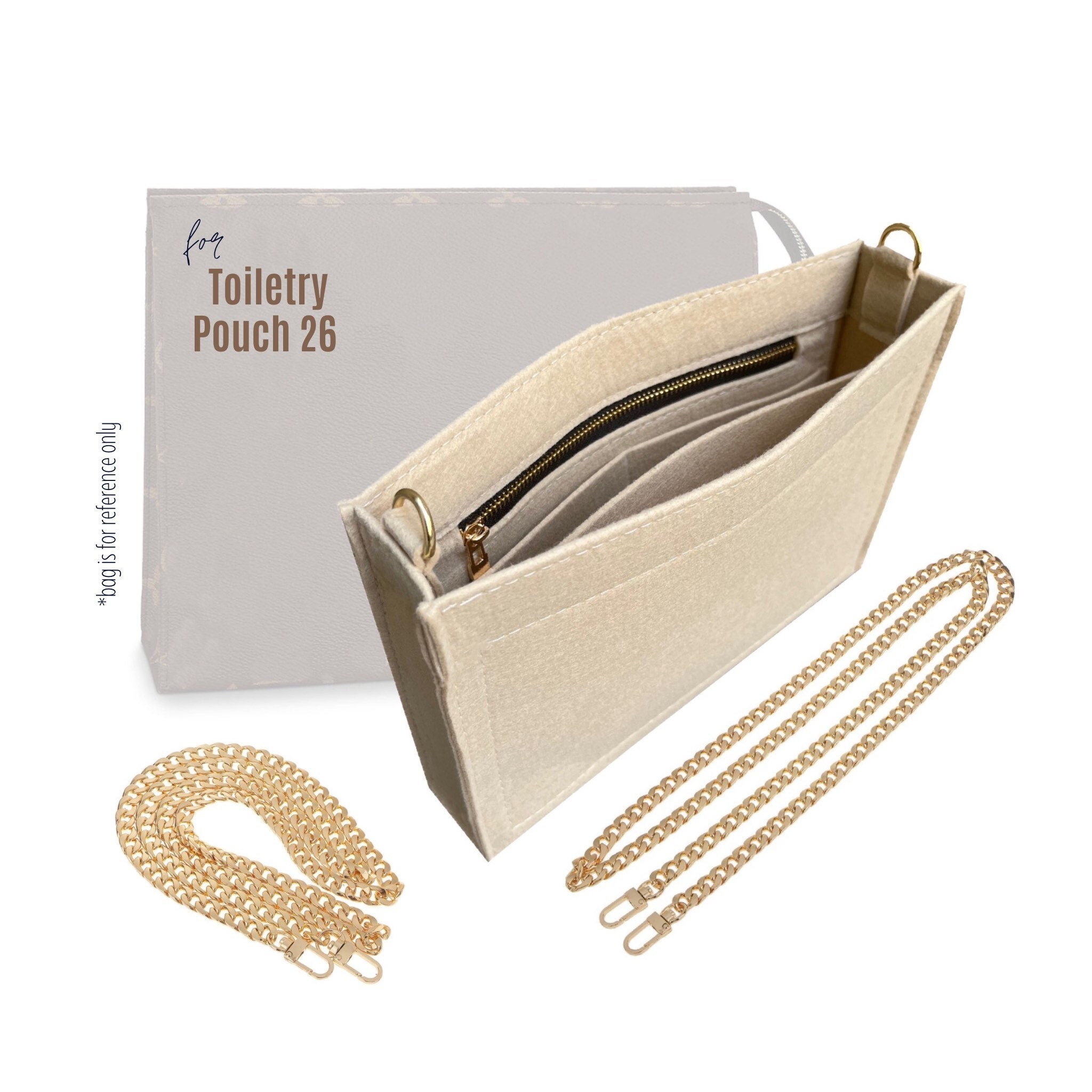  Toiletry pouch 26 Insert with Chain Conversion Kit with Chain  Toiletry Pouch19 Insert with Gold Chain Thick Grommets O Rings Premium Felt  Toiletry Pouch 26 Gold Chain (For Toiletry 26, Beige) 