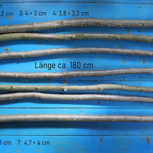 Könnte beinhalten: Sieben Holzstäbe, die horizontal auf einer blauen Oberfläche liegen. Jeder Stab ist mit einer Nummer von 1 bis 7 beschriftet. Die Stäbe haben unterschiedliche Längen und Durchmesser. Der Text "Durchmesser ca. Angaben" und "Länge ca. 180 cm" ist auf der Oberfläche sichtbar. Unter jedem Stab sind die Maße in Zentimetern angegeben.