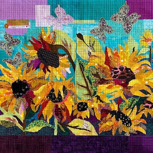 May include: A colorful quilted wall hanging featuring sunflowers and butterflies. The sunflowers are yellow with black centers, and the butterflies have patterned wings. The background is a mix of teal, purple, and other colors, creating a vibrant and artistic piece.