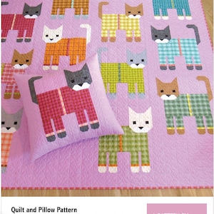 May include: A quilt pattern featuring a pink background with a variety of cats wearing pajamas in different colors and patterns. The text "CATS IN PAJAMAS" is at the top of the quilt. The text "Quilt and Pillow Pattern" is at the bottom of the quilt, along with the text "A PATTERN BY ELIZABETH HARTMAN".