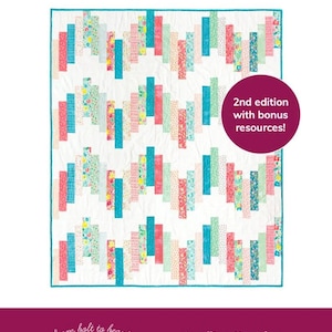 May include: A quilt pattern titled "Ridiculously Easy Jelly Roll Quilt" featuring a colorful design of vertical fabric strips in shades of teal, pink, and floral patterns. The pattern is for 2 1/2-inch strips and includes sizes for child, lap, twin, queen, and king quilts.