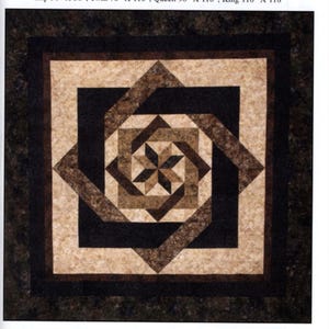 May include: A quilt pattern titled "Labyrinth" with a geometric design in shades of brown and black. The pattern includes text that reads "No Diamonds, No 'Y' Seams." Sizes include Lap 58" x 58", Twin 70" x 110", Queen 90" x 110", and King 118" x 118".
