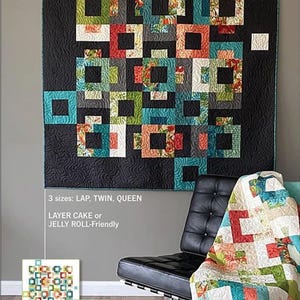 May include: A quilt pattern called "Blockstep" by Robin Pickens Quilt Patterns. The pattern is for a layer cake or jelly roll friendly quilt. The quilt is shown in a variety of colors and patterns, including teal, orange, red, and white. The quilt is available in three sizes: lap, twin, and queen.