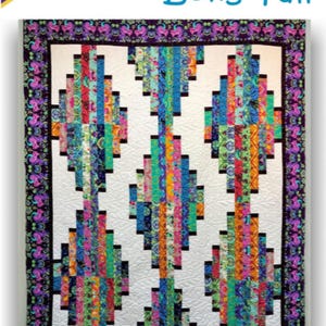 May include: A quilt pattern for a "Long Tall" quilt using 2 1/2 inch strips. The quilt is made with a white background and colorful strips in a geometric pattern. The quilt is surrounded by a black and purple border with a floral design. The pattern is designed by danielastout.