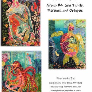 May include: A collage of three fabric art pieces depicting a mermaid in a bottle, a sea turtle, and an octopus. The art is colorful and detailed, with a variety of textures and patterns. The title "Teeny Tiny Collage Patterns" and the artist's name "Laura Heine" are visible at the top of the image. The text "Group #4 Sea Turtle, Mermaid and Octopus" is also visible. The bottom of the image includes the artist's contact information and copyright information.