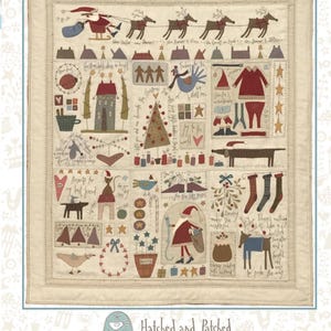 May include: A Christmas-themed quilt with the text "THE SANTA, THE TREE, THE TURKEY & ME." The quilt features Santa Claus, reindeer, a Christmas tree, and various holiday-related illustrations in a folk art style. The quilt is beige with a cream border.