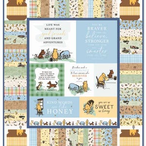May include: A Winnie the Pooh themed fabric panel with various quotes and illustrations. The panel features a blue border and a patchwork design with honey pots at the top and bottom. The central images include Pooh, Piglet, Eeyore, and Tigger.