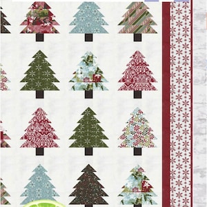 May include: A quilting pattern for a Christmas tree quilt with a lime green design element. The pattern is called "Around the Christmas Tree" and is designed by LavenderLime. The pattern includes instructions for a quilt measuring 62 inches by 72 inches and a runner measuring 90 inches by 16 inches.