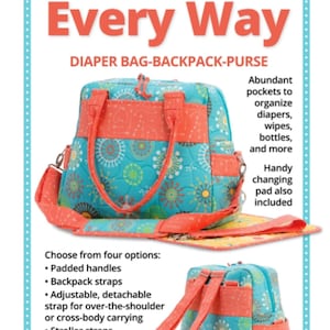 May include: A teal and coral diaper bag-backpack-purse with floral patterns. Features padded handles, backpack straps, and an adjustable shoulder strap. Includes a changing pad and abundant pockets for organizing baby essentials.