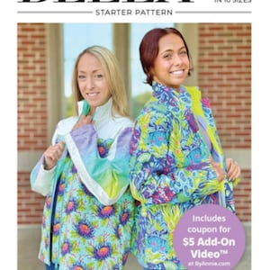 May include: Image of two women wearing colorful quilted coats. The coats feature a floral pattern in shades of blue, green, and purple. The image includes text that reads "BELLA QUILT COAT" and "STARTER PATTERN". The image also includes the text "Designed by QUILTING ELISSA".