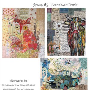 May include: A collage pattern design featuring a red fox, a black and white cow, and a blue truck. Each image is made up of various fabric scraps and patterns. The title "Teeny Tiny Collage Patterns" and "Group #2 Fox~Cow~Truck" are written at the top of the image. The artist's name, "Laura Heine", and contact information are at the bottom of the image.