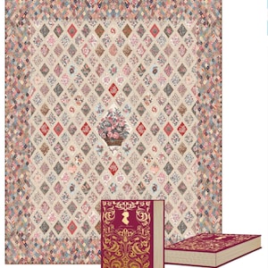 May include: A quilt with a floral pattern and a basket of flowers in the center. The quilt is surrounded by a border of smaller squares. Two books with gold and red covers are in the foreground.