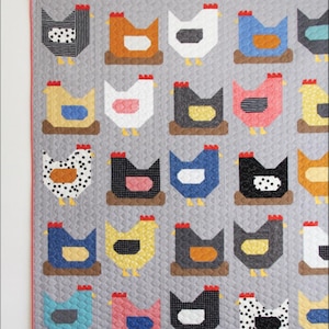 May include: A gray quilt featuring a repeating pattern of colorful chicken designs. Each chicken is a different color and pattern, set against a gray background. The quilt has a red border and the text "Chickens" at the top.