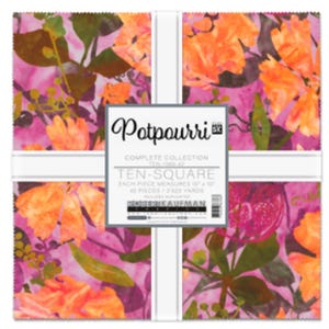 May include: A pack of 10 fabric squares featuring a floral print with pink, orange, and green hues. The fabric squares are part of the "Potpourri" collection by Robert Kaufman Fabrics. Each square measures 10 inches by 10 inches.