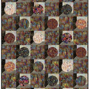May include: A patchwork quilt featuring a repeating pattern of colorful circles and squares. The circles display various floral and abstract designs in shades of red, orange, blue, and green. The squares have intricate geometric patterns.