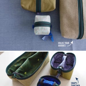 May include: Split pouch in three sizes, designed by Carolyn Friedlander. The image shows several pouches in various stages of assembly. The pouches are beige, green, and blue, with zippers and fabric details. The small pouch is 3" x 3" x 3".