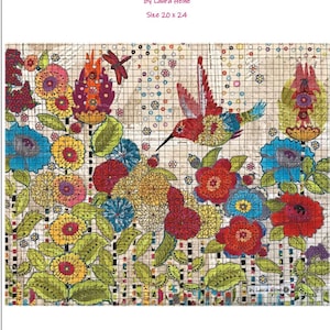 May include: A colorful artwork titled "Humming Bird" by Laura Heine. The image features a vibrant hummingbird with red, blue, and green hues, surrounded by a variety of flowers in shades of red, yellow, and blue. The artwork measures 20 x 24 inches.