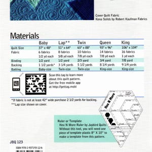 May include: A quilt pattern titled "Northern Lights" with a blue and teal quilt design. The pattern includes fabric requirements for various quilt sizes, from baby to king. The cover quilt fabric is Kona Solids by Robert Kaufman Fabrics.