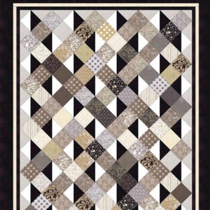 May include: A quilt with a geometric pattern of alternating squares and triangles in neutral tones. The quilt features various patterns, including polka dots and floral designs. The text "Simply Serene" is displayed at the bottom.