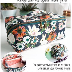 May include: A floral print Spring Roll Pouch with a dark blue background, white daisies, and orange flowers. The accessory bag has a zipper closure and a handle. The text reads "SPRING ROLL POUCH" and "AN ACCESSORY BAG READY TO BE FILLED WITH ALL OF YOUR FAVORITE THINGS."