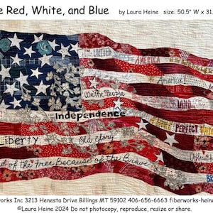 May include: A red, white, and blue patchwork quilt depicting the American flag. The quilt is made of various fabrics and features the words "We the People", "Independence", "Liberty", "Old Glory", "Land of the Free", "Because of the Brave", and "Brave". The quilt measures 50.5 inches wide by 31.5 inches high.